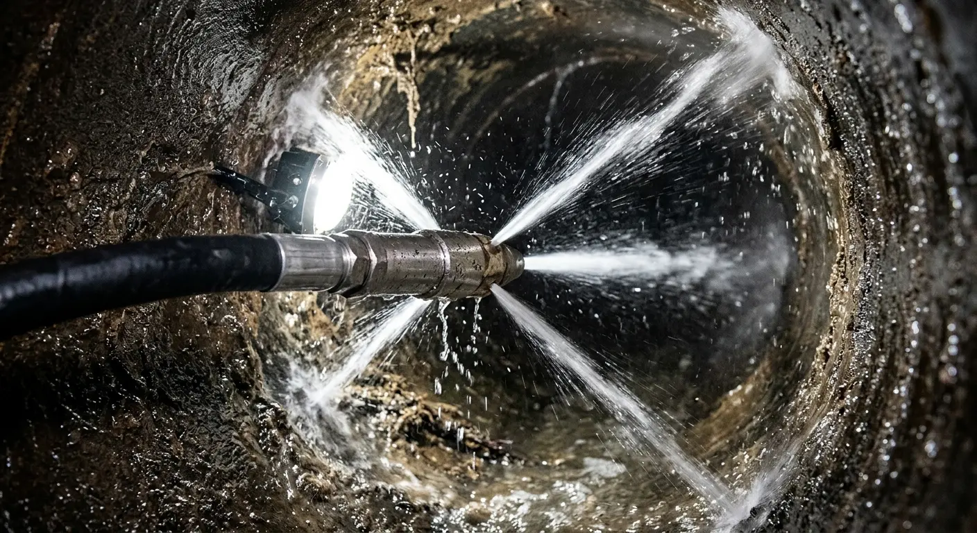 High-pressure hydro jetting nozzle cleaning sewer pipe for Emergency Drain Service in Waynesboro