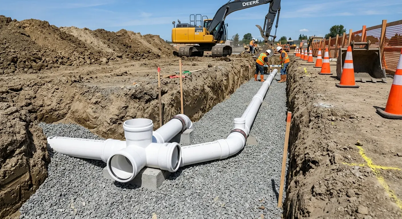 New PVC sewer pipe installation in open trench for Sewer Backup in Waynesboro