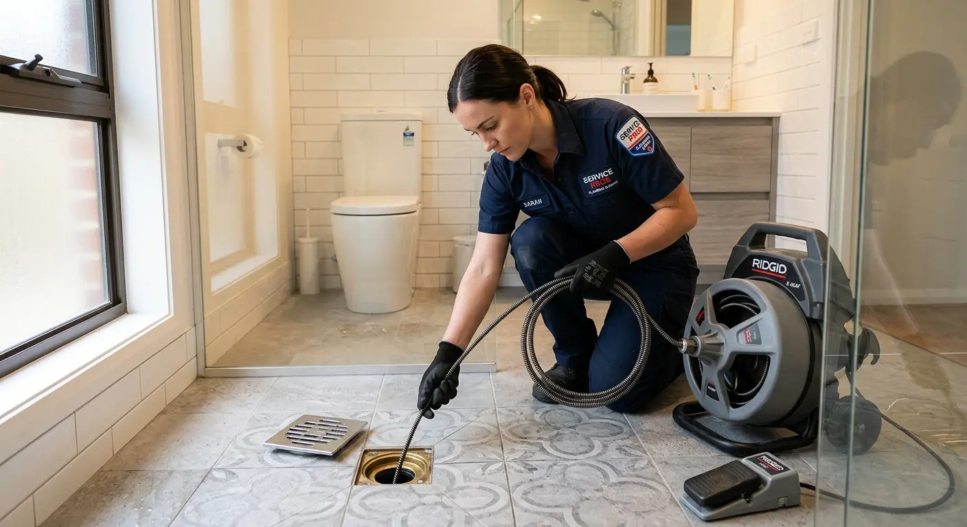 Technician clearing a bathroom floor drain for Drain Cleaning in Waynesboro